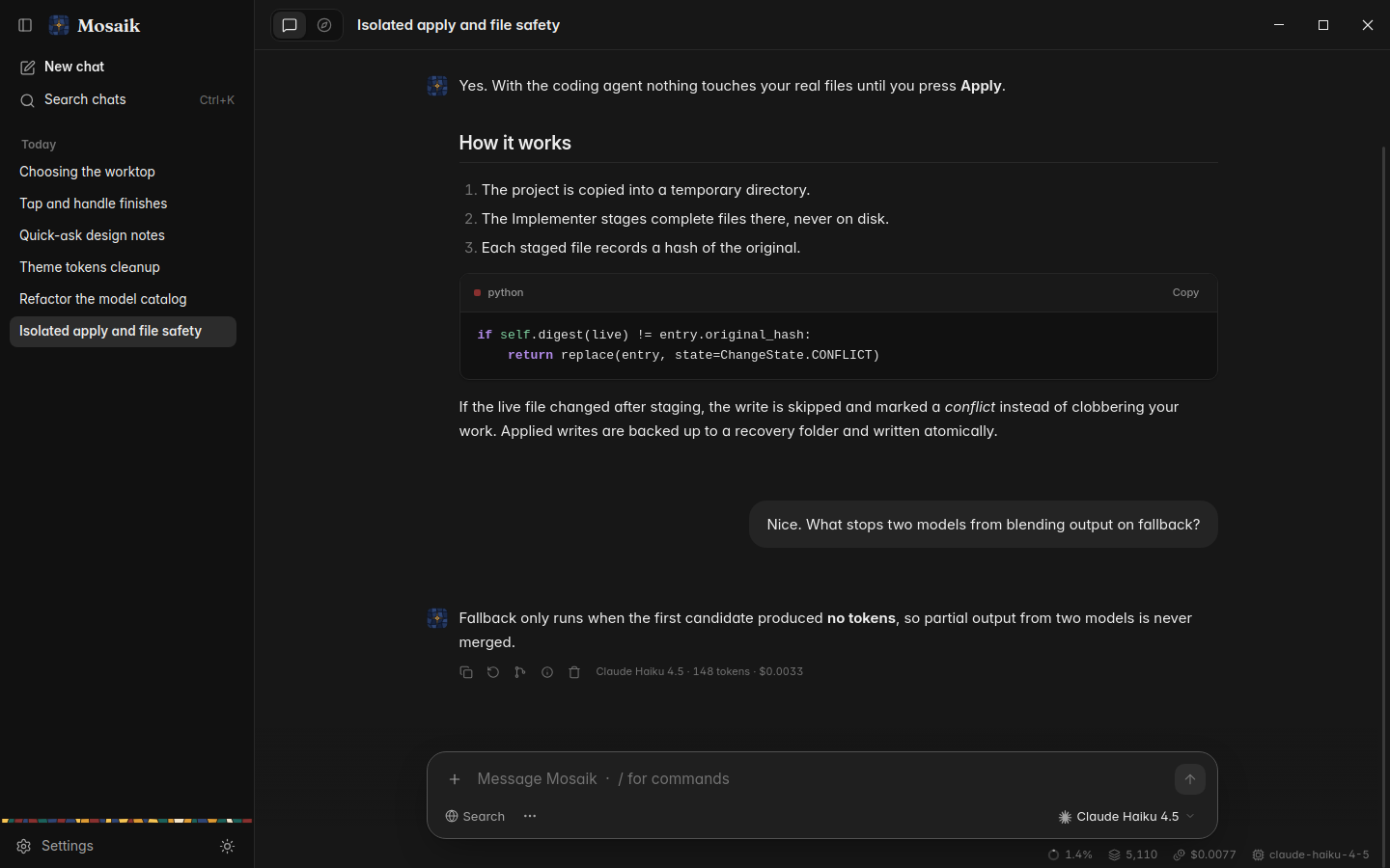 A conversation in Mosaik, dark theme