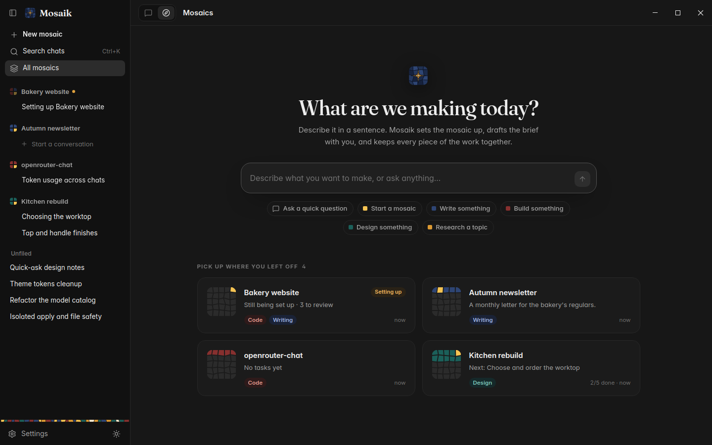 The Mosaics home page with project cards, dark theme
