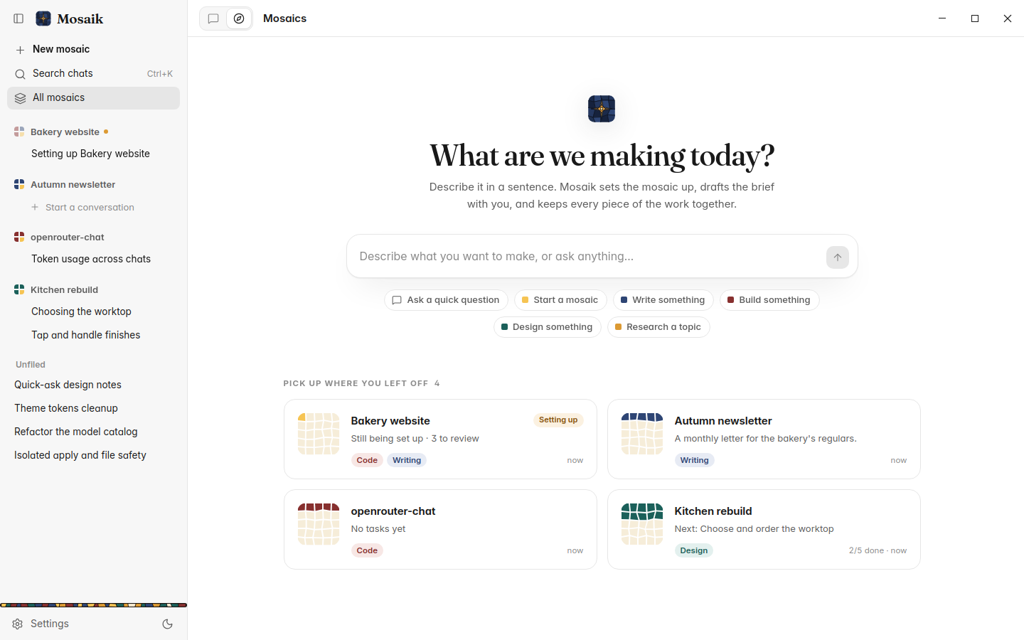 The Mosaics home page with project cards, light theme