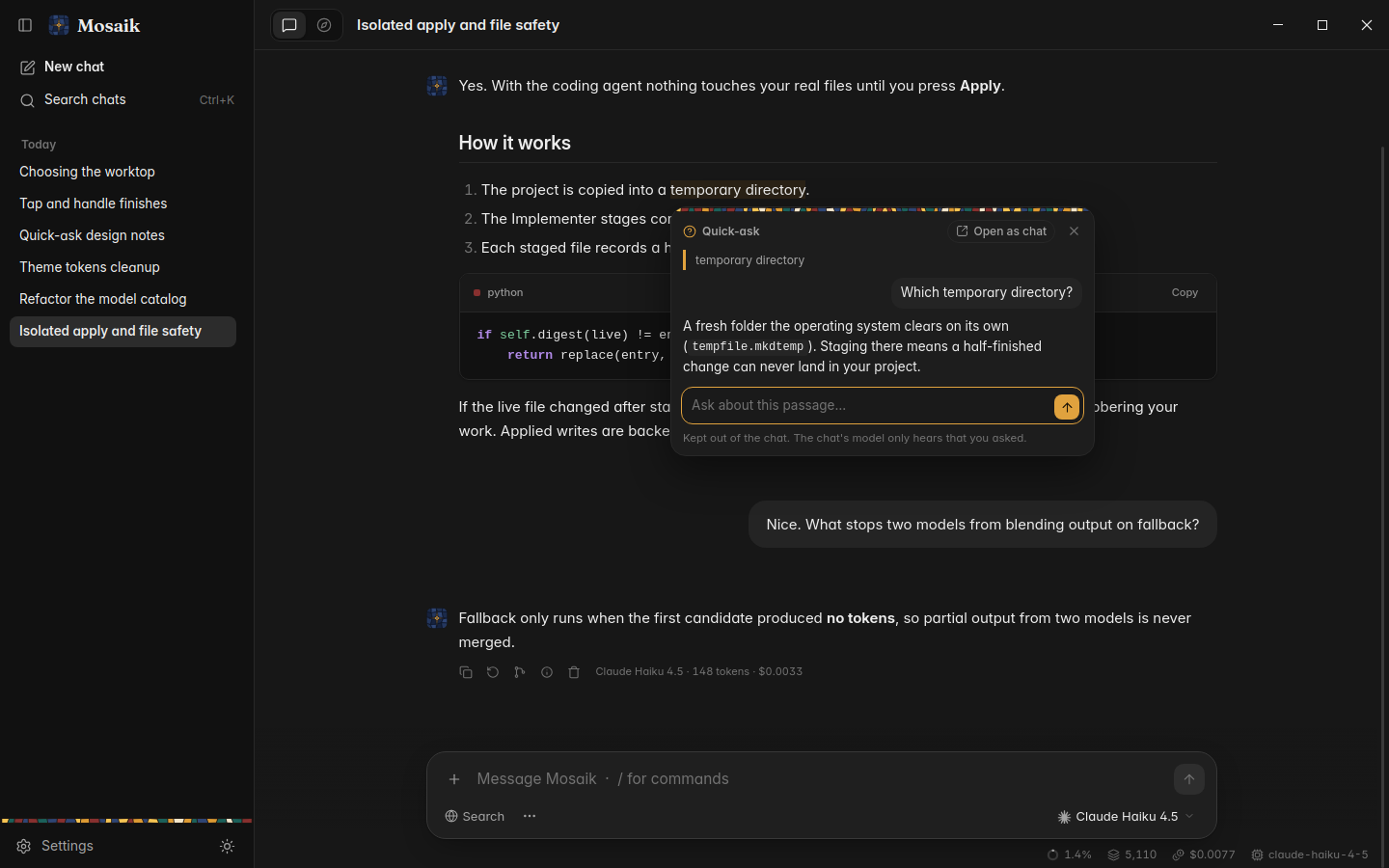 Quick-ask popover beside a chat, dark theme