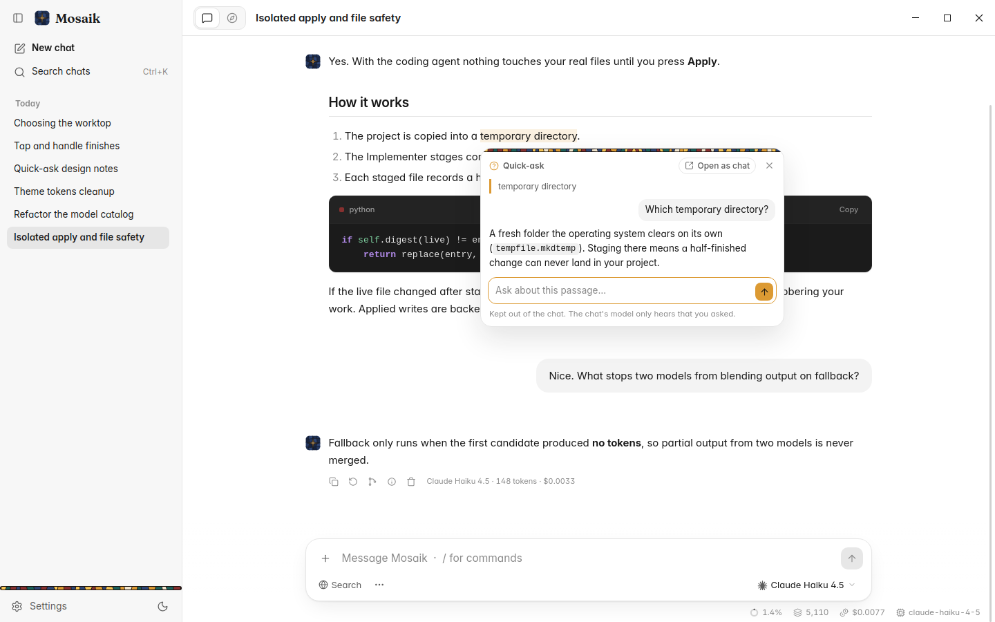 Quick-ask popover beside a chat, light theme